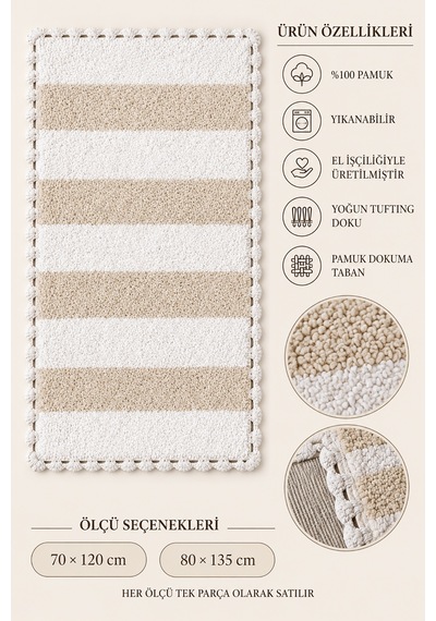 Alanur Bodrum Tufting Cotton Pamuklu El Işi Örgülü Paspas 112 80 X 135 Cm Beyaz - Ekru