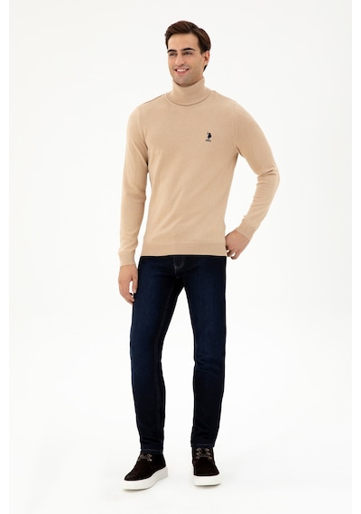 U.S. Polo Assn. Erkek Slim Fit Boğazlı Yaka Kum Melanj Basic Kazak 50293523-VR123