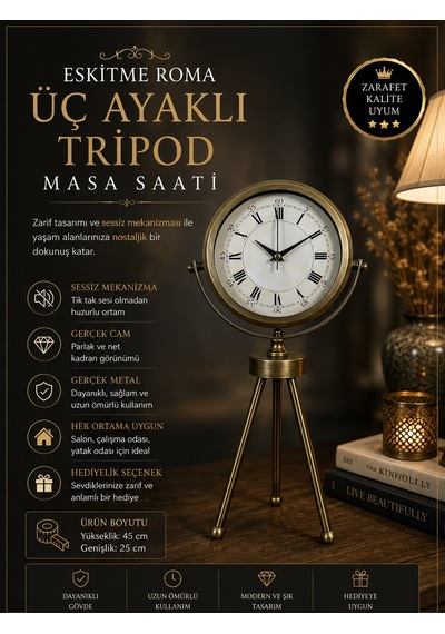 Eskitme Roma Rakamlı Tripod Üç Ayaklı Metal Masa Saati