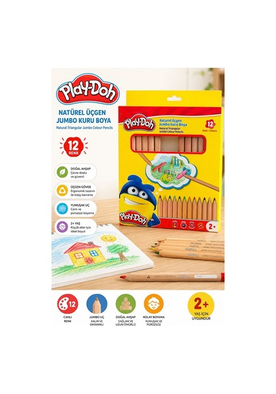 12 Li Jumbo Kuru Boya Kalemi Naturel Karton Kutu 1 Paket Play-doh Kalın 12 Renk Jumbo Kuruboya Tam Boy Renkli Kalem Çok Renkli