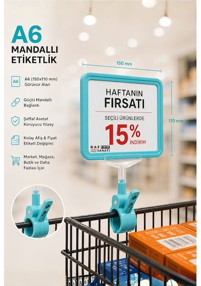 A6 Fiyatlık Mandallı Etiketlik Sepet Raf Askılık Fiyat Etiketi Çerçeveli Market Mağaza Turkuaz