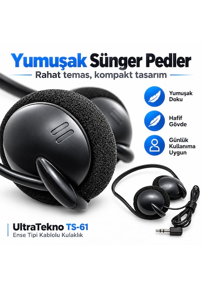 Ultratekno Ts-61 3.5mm Stereo Ense Kulaklık Kablolu Kulak Arkası Mp3 Pc Laptop Telefon