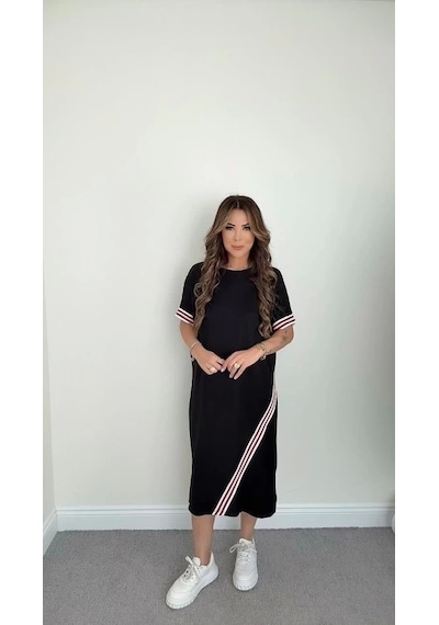Defymoda Kadın Kol Ve Etek Şerit Detaylı Midi Boy Elbise Siyah