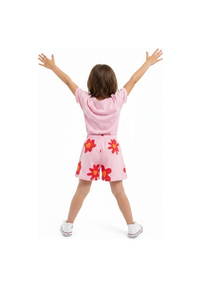 Toontoy Kids Toontoy Kız Çocuk 2'li Şortlu Takım Bisiklet Yaka Kısa Kollu Baskılı Tişört - Beli Lastikli Bağlamalı Baskılı Şort 25035 Pembe