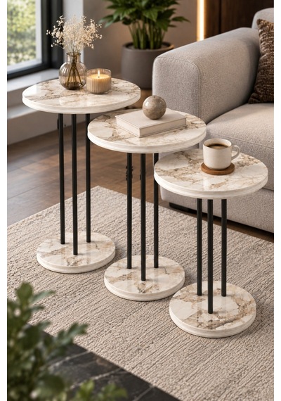 Sulorahome Metal Ayaklı 3'lü Zigon Sehpa Takımı Beyaz - Beyaz Mermer