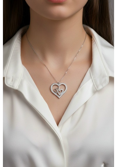 Çekirdekjewelry 925 Ayar Gümüş Zirkon Taşlı Kalplı Kolye Gri