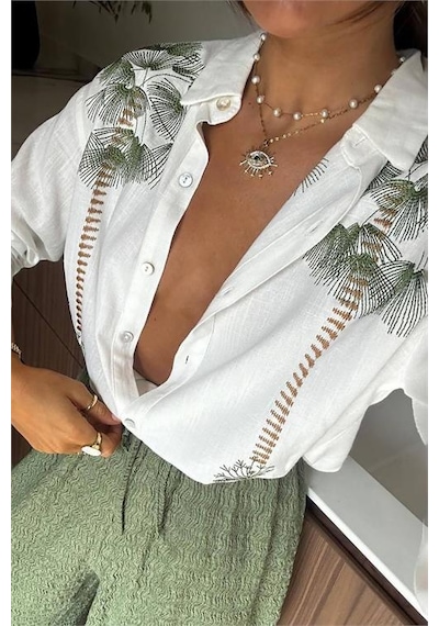 Neşeli Butik Kadın Nakış Detaylı Gömlek Pantolon İkili Keten Takım Nbemp2514 Yeşil