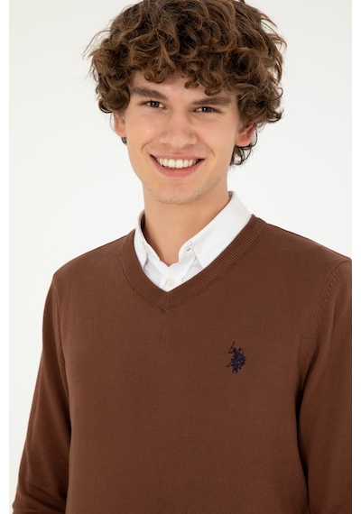 U.S. Polo Assn. Erkek Slim Fit V Yaka Kahverengi Basic Kazak 50293512-VR158