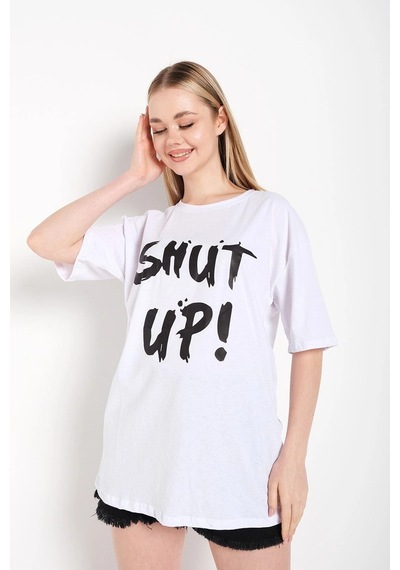 Startmore Kadın Shut Up Beyaz Baskılı Oversize Tshırt Beyaz