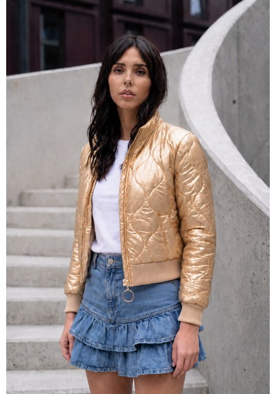 Weshaya New Collection Kadın Yeni Sezon, Gold Ekose Kareli, Astarlı, Cepli, Fermuarlı, Beli Ve Kolları Lastikli İnce Mont Altın