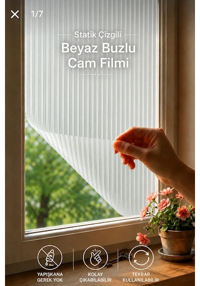 Deconitte Statik Pliseli Görünüm Buzlu Cam Filmi Yapışkansız Mahremiyet Pencere Kaplama Folyo Pvc Ev 60x100cm
