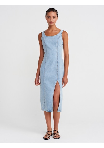 Dilvin 90565 Önü Derin Yırtmaçlı Denim Elbise-mavi Mavi