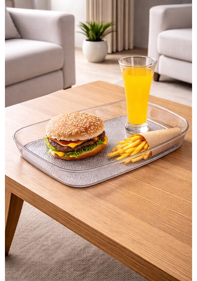 Kırılmaz Şeffaf Tepsi Dikdörtgen Büyük Boy Sunum Tepsisi Modern Servis Tepsisi 44x30cm Şeffaf
