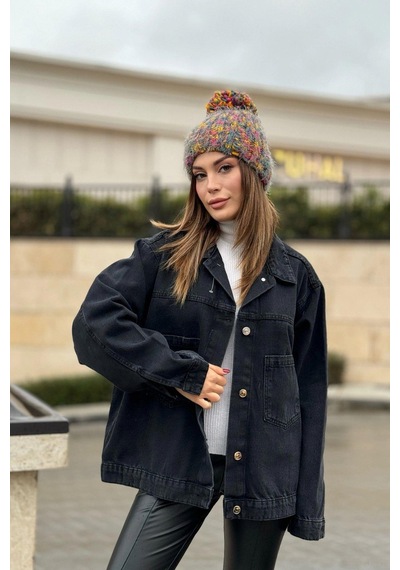 Kadın Siyah Apaş Yaka, Çift Cepli, Kaliteli Jeans Kumaş, Salaş Kot Ceket Siyah