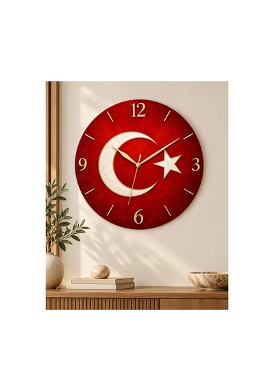 Türk Bayraklı Ay Yıldız Desenli 45 Cm Ahşap Sessiz Akar Mekanizmalı Uv Baskılı Dekoratif Duvar Saati Hediyelik 1075 Çok Renkli