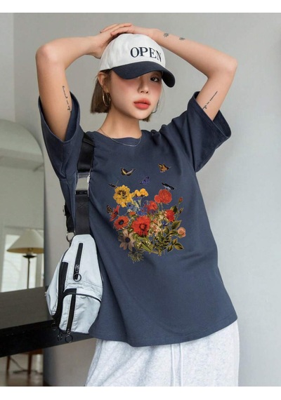 Uyguntarz Unisex Renkli Çiçekler Baskılı Tasarım Tshirt Lacivert