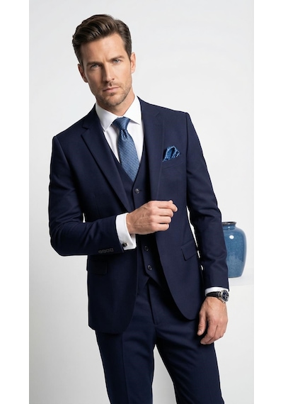 Erkek 3 Parça Slim Fit Takım Elbise Klasik Likralı Kumaş, Tek Düğme, Çift Yırtmaçlı Modern Kesim Ceket Yelek Pantolon Lacivert