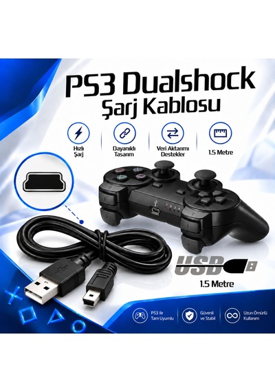 Ps3 Dualshock Şarj Kablosu 1.5 Metre Mini Usb 5 Pin Playstation 3 Oyun Kolu Şarj Data Kablosu