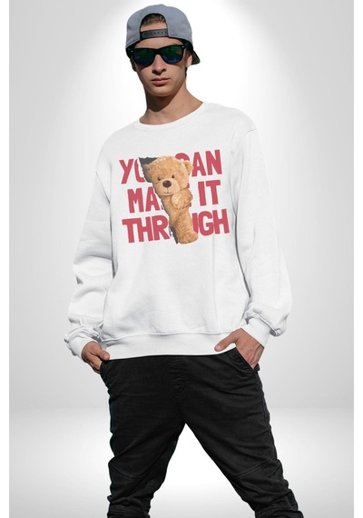 Bunu Alabilirsin Çantadan Çıkan Ayı Unisex Beyaz Baskılı Sweatshirt Beyaz