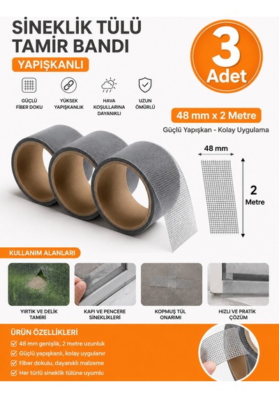 3 Adet 48 Mm X 2 Metre Yapışkanlı Sineklik Yaması Tülü Tamir Bandı Yama Bant Kopmuş Delik Fiber Tül