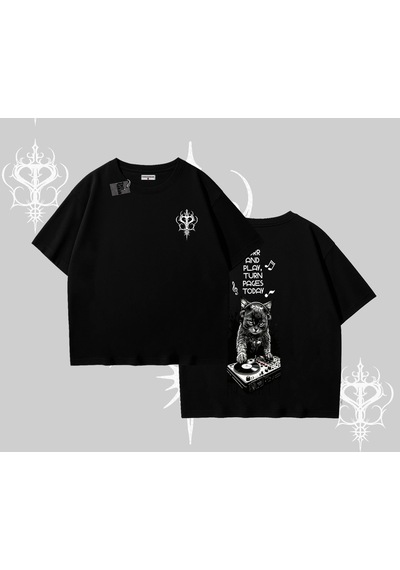 Tarzsokak Dj Kedi Baskılı Müzik Temalı Oversize Tshirt Siyah