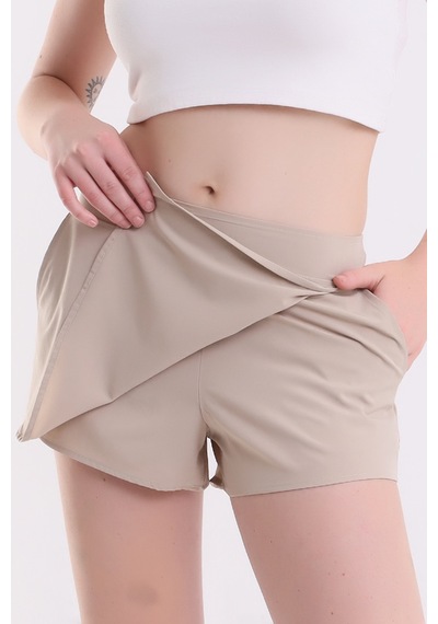 Winmoda34 Kadın Şortlu Etek İçten Çamaşırlı Çift Cepli Spor&deniz Beach Shorts Bej
