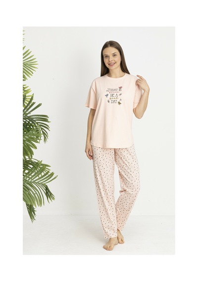 Estiva Kadın Kalp Alt Desenli Somon Penye Lycra Kısa Kollu Pijama Takımı Çok renkli