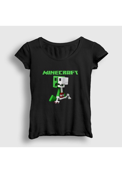 Presmono Kadın Creeper Minecraft T-shirt Siyah