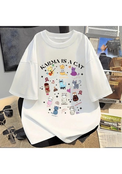 Startmore Karma İs Cat Baskılı Unisex Oversize Beyaz