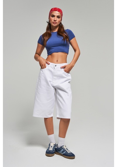 Itsbasic Kadın Beyaz Renk 5s5-2 Maxi Boy Beli Lastikli %100 Koton İç Göstermez Denim Bermuda Şort