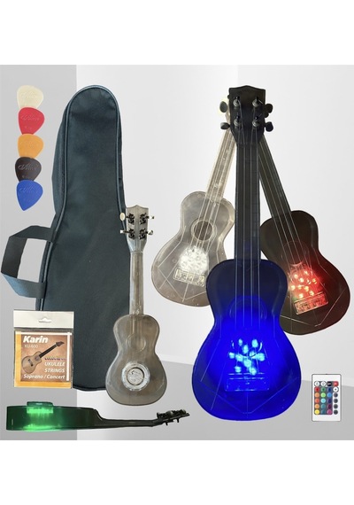 Şeffaf Soprano Uzaktan Kumandalı Ledli Ukulele Çoklu Renk Seçeneği Çanta,pena,tel