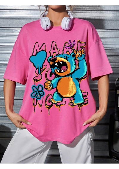 Noıssey Karikatür Ve Grafik Tasarım Oversize T-shirt Cartoon/letter Serisi Kod762 Pembe