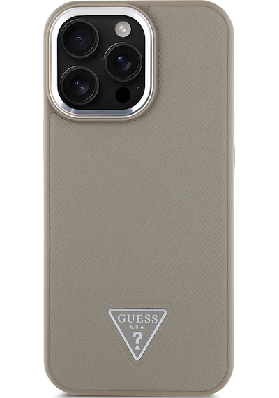 Apple Uyumlu iPhone 15 Pro Max Kılıf Guess Lisanslı M-safe Şarj Özellikli Grained Triangle Kapak Kahverengi