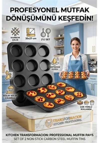 2'li Set 12'li Muffin Kalıbı Karbon Çelik Yanmaz Yapışmaz Cupcake & Kek Pişirme Tepsisi 723122 Açık Bej