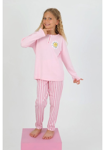 Kız Çocuk Uzun Kollu %100 Pamuklu Düğme Detaylı Pijama Takımı Alright Pembe