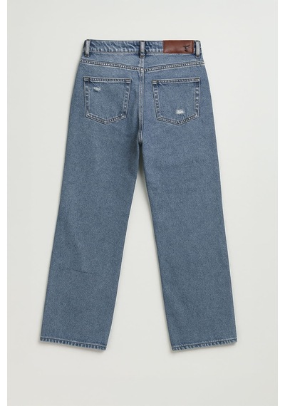 Kadın Yüksek Bel Wide Leg Yırtık Detaylı Buz Mavisi Jean Pantolon Mavi