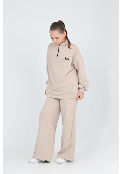 Toontoy Kids Toontoy Kız Çocuk 2'li Takım Dik Yaka Yarım Fermuarlı Nakışlı Sweatshirt & Beli Lastikli Bol Paça Cepli Eşofman Altı Bej