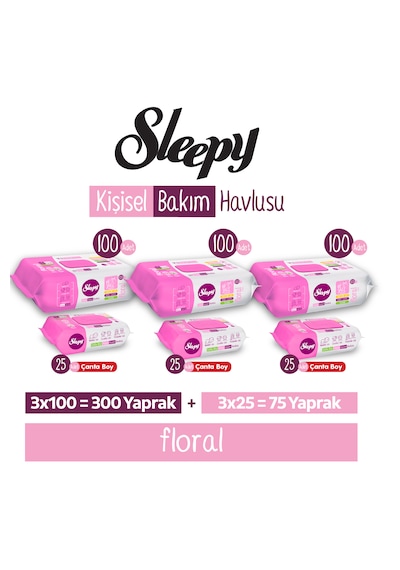 Sleepy Floral Kişisel Bakım Havlusu 3x100 300 Yaprak + Çanta Boy 3x25 75 Yaprak