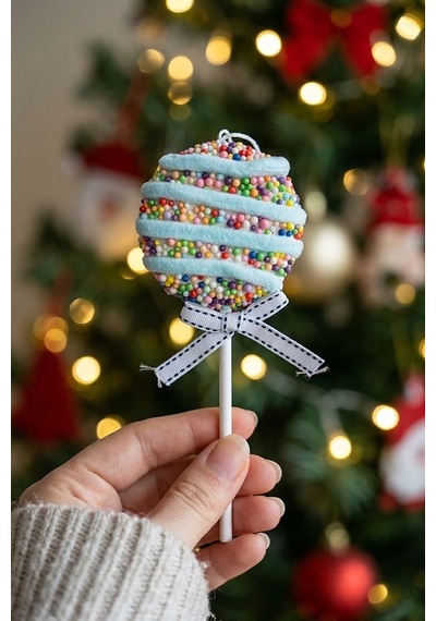 Renkli Boncuklu Strafor Lolipop Şeker Yılbaşı Süsü - Pastel Mavi Fiyonklu Dekor