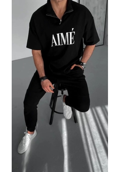 Veraura Lifestyle Unisex Yarım Fermuarlı Baskılı T-shirt - Siyah