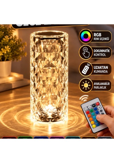 Kristal Tasarımlı Rgb Led Dokunmatik Ve Kumandalı Masa Gece Lambası Renkli