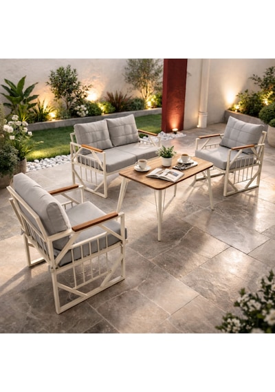 Violet Krem 2+1+1 Masalı Gri Bahçe Oturma Grubu Minderli Metal Ahşap Detaylı Balkon Teras Takımı Açık-gri Violet Krem 2+1+1 Masalı Gri Bahçe Oturma Grubu Minderli Metal Ahşap Detaylı Balkon Teras Takımı Açık-gri