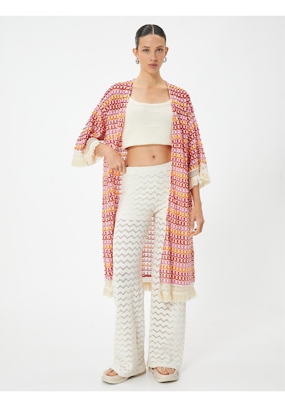 Koton Uzun Kroşe Kimono Püsküllü Dirsek Boy Pembe Desenli 4sak30058ek Pembe