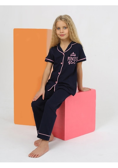Kız Çocuk Kısa Kollu %100 Pamuklu Düğmeli Pijama Takımı Princess Indigo