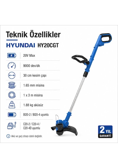 Hyundai Hy20cgt 20v Akülü Ot Biçme Ve Çim Kenar Kesme Makinesi Akü Ve Şarj Cihazı Hariç