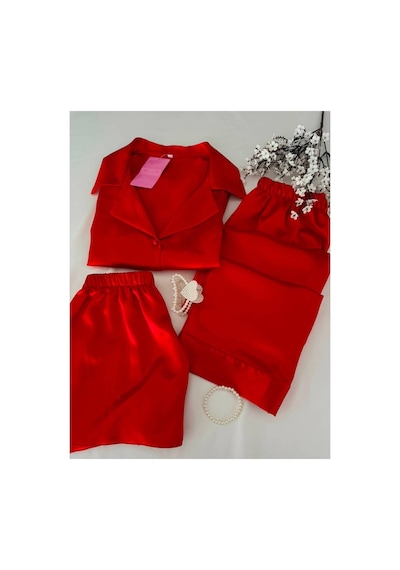 Mh Moony Homewears 3'lü Kırmızı Yumuşacık Saten Pijama Takımı Koyu Kırmızı