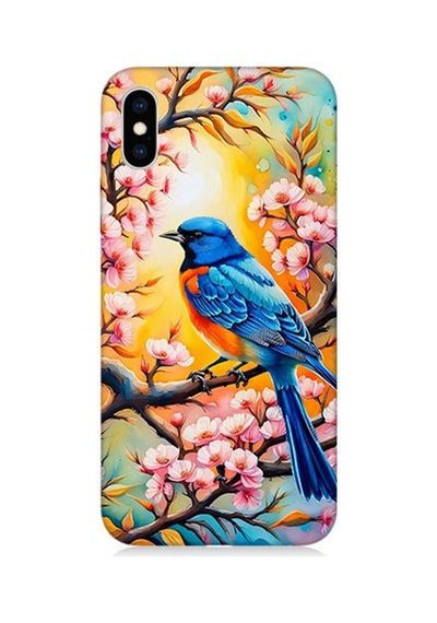 Apple Uyumlu iPhone X Pembe Dallarda Mavi Kuş Desenli Silikon Kılıf Çok Renkli