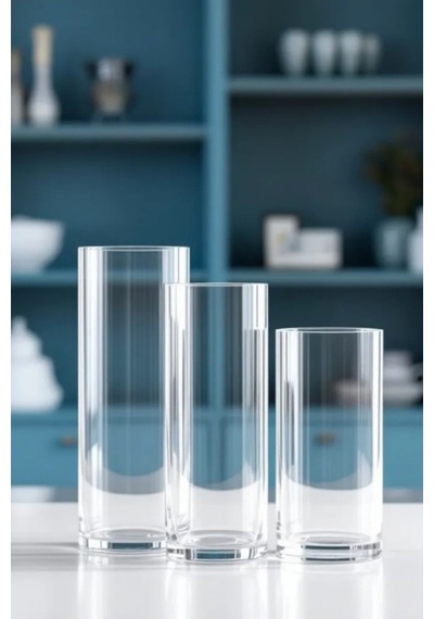 10 Çap - 15-20-25 Cm Yüksek Kalite Cam Silindir Vazo 3lü Set El İşçiliği Beyaz