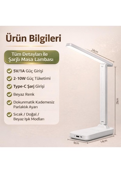 Ayarlanabilir 3 Renkli Işık Şarjlı Masa Lambası Dokunmatik Katlanabilir Şarjlı Masa Lambası Çok Renkli