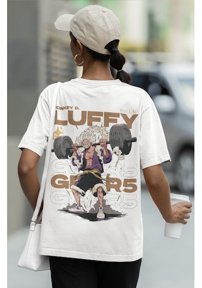 Monkey D. Luffy Gear 5 Sırt Baskılı Unisex Oversize Anime Tişört Beyaz